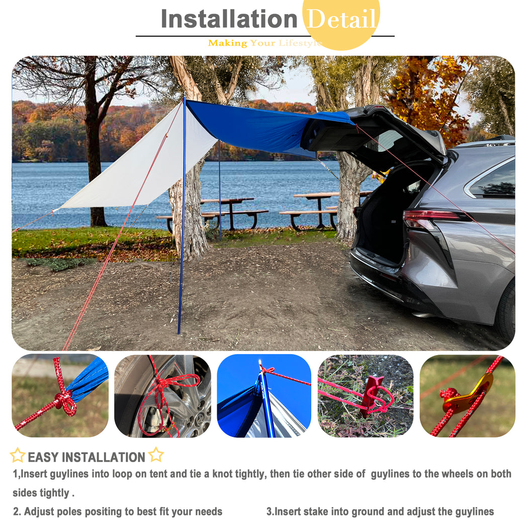 Multi-Function Vehicle Shelter - Outdoor & Beach Shade Canopy - Camping Traveling Tarp Including 2 Adjustable Poles, 6 Stakes and Ropes
