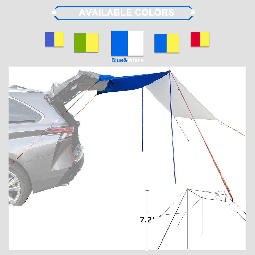 Multi-Function Vehicle Shelter - Outdoor & Beach Shade Canopy - Camping Traveling Tarp Including 2 Adjustable Poles, 6 Stakes and Ropes