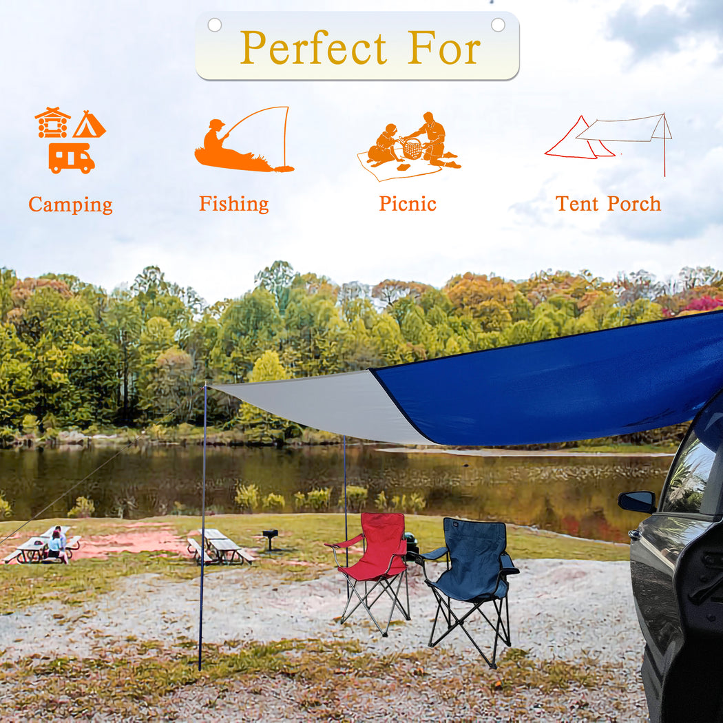 Multi-Function Vehicle Shelter - Outdoor & Beach Shade Canopy - Camping Traveling Tarp Including 2 Adjustable Poles, 6 Stakes and Ropes
