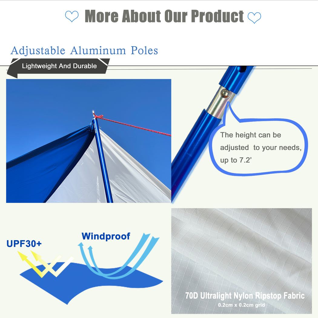 Multi-Function Vehicle Shelter - Outdoor & Beach Shade Canopy - Camping Traveling Tarp Including 2 Adjustable Poles, 6 Stakes and Ropes