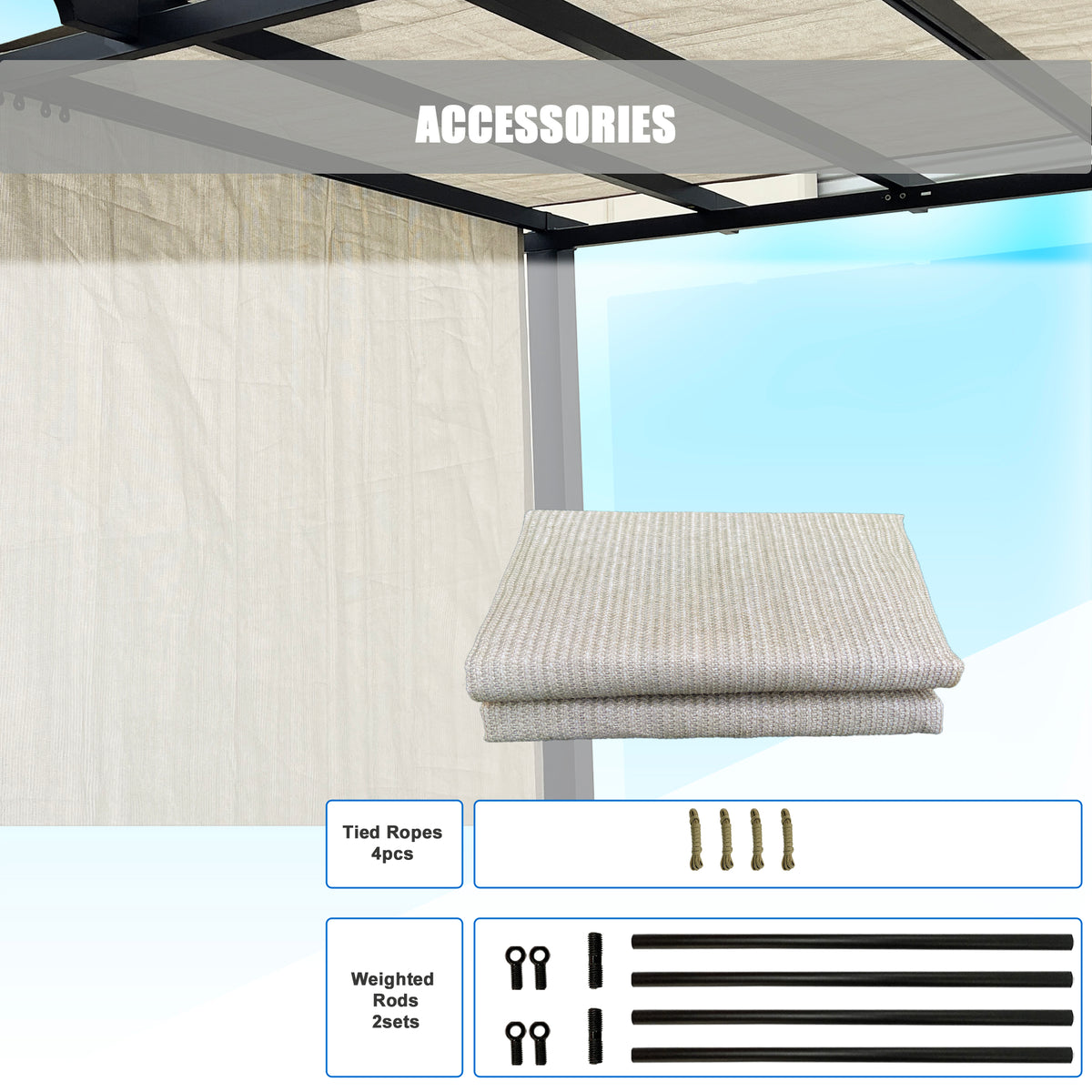 Smoke Tan breathable HDPE pergola cover with weighted rods, product view 6