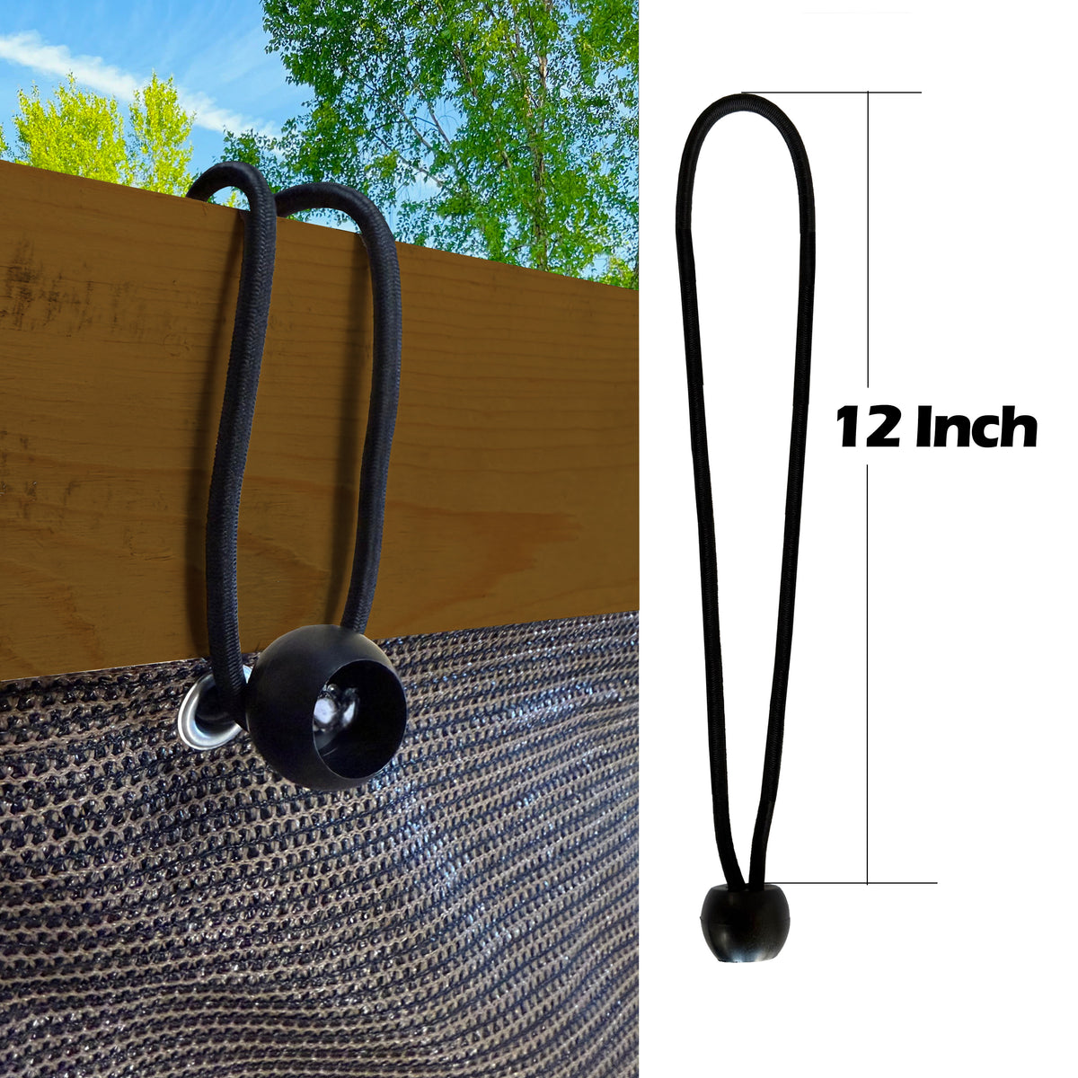 Durable and Long Canopy Ball Bungee Cords, 12 inch, 6EA - Black