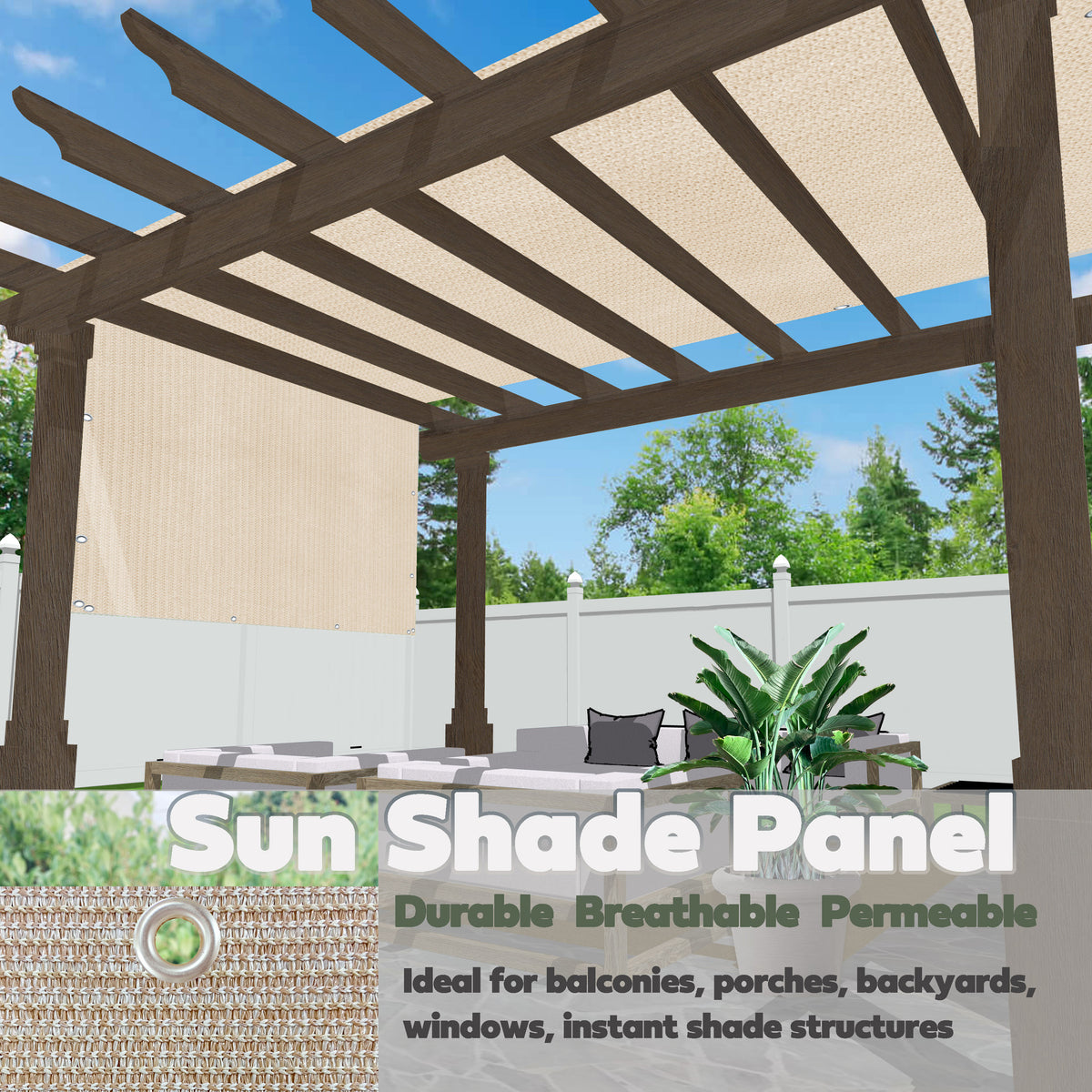 Beige HDPE pergola shade panel with grommets