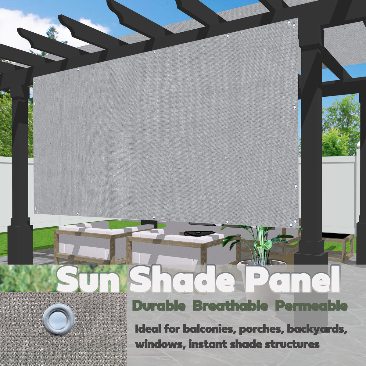 HDPE Sun Shade Privacy Panel – 4 Sides Hemmed with Grommets, Grey