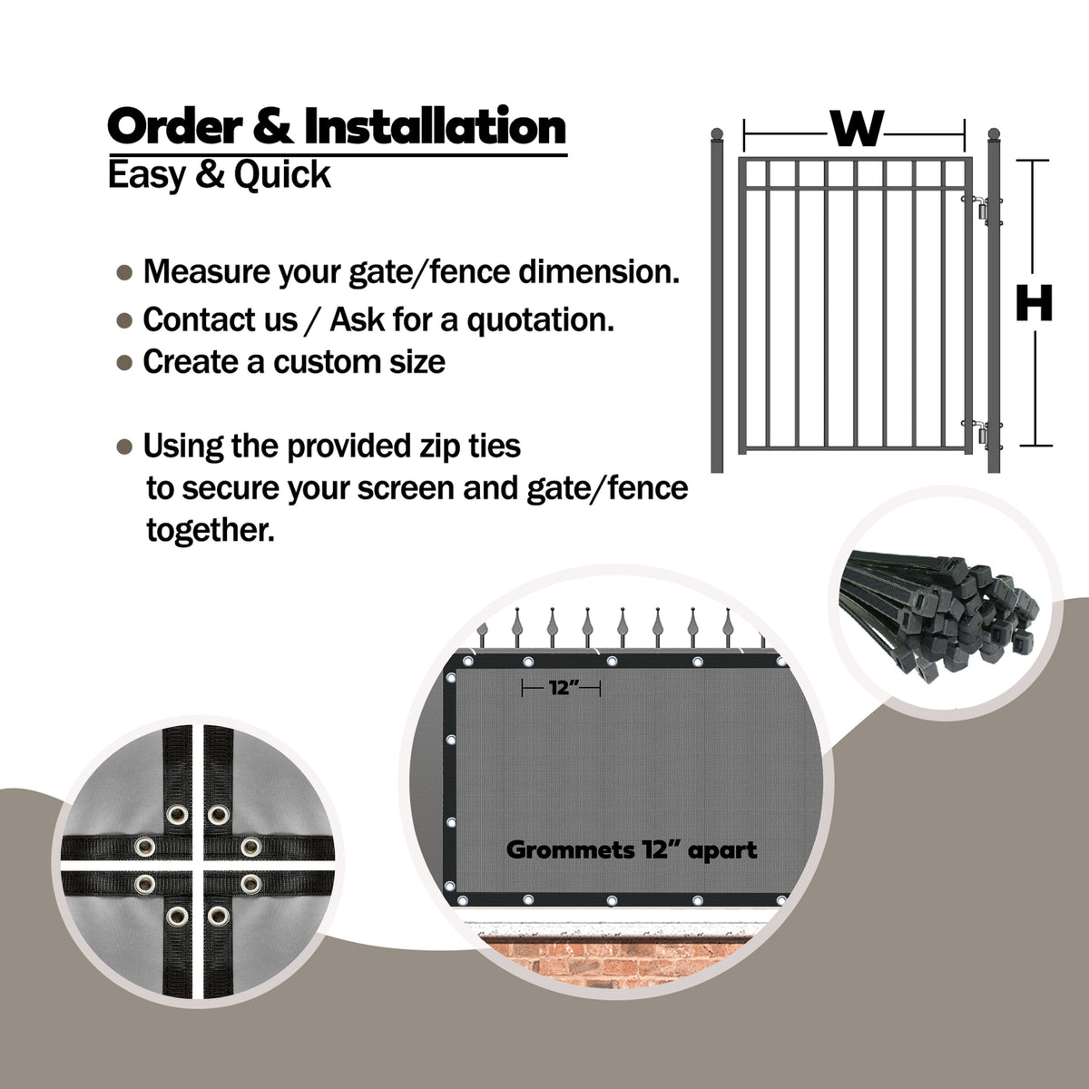 Custom Size (3ft Tall) 95% Blockage Luxury Durable PVC Coated Balcony Fence Privacy Screen - Grey/  Beige