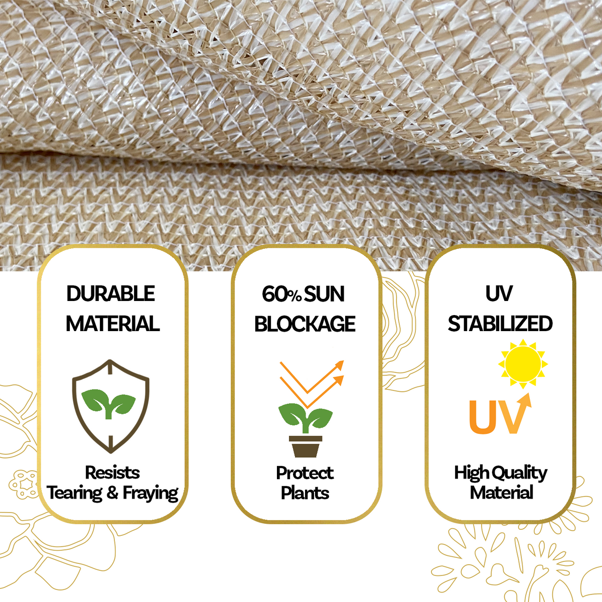 Beige 60% garden shade net installation and fabric detail