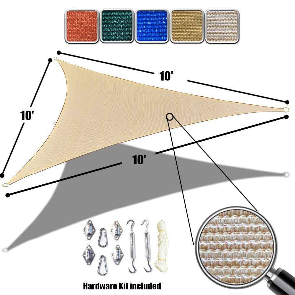 Custom Size (10' x 10' x 10') Triangle HDPE Sun Shade Sail with 6'' Stainless Steel Hardware Kit - Variant Colors