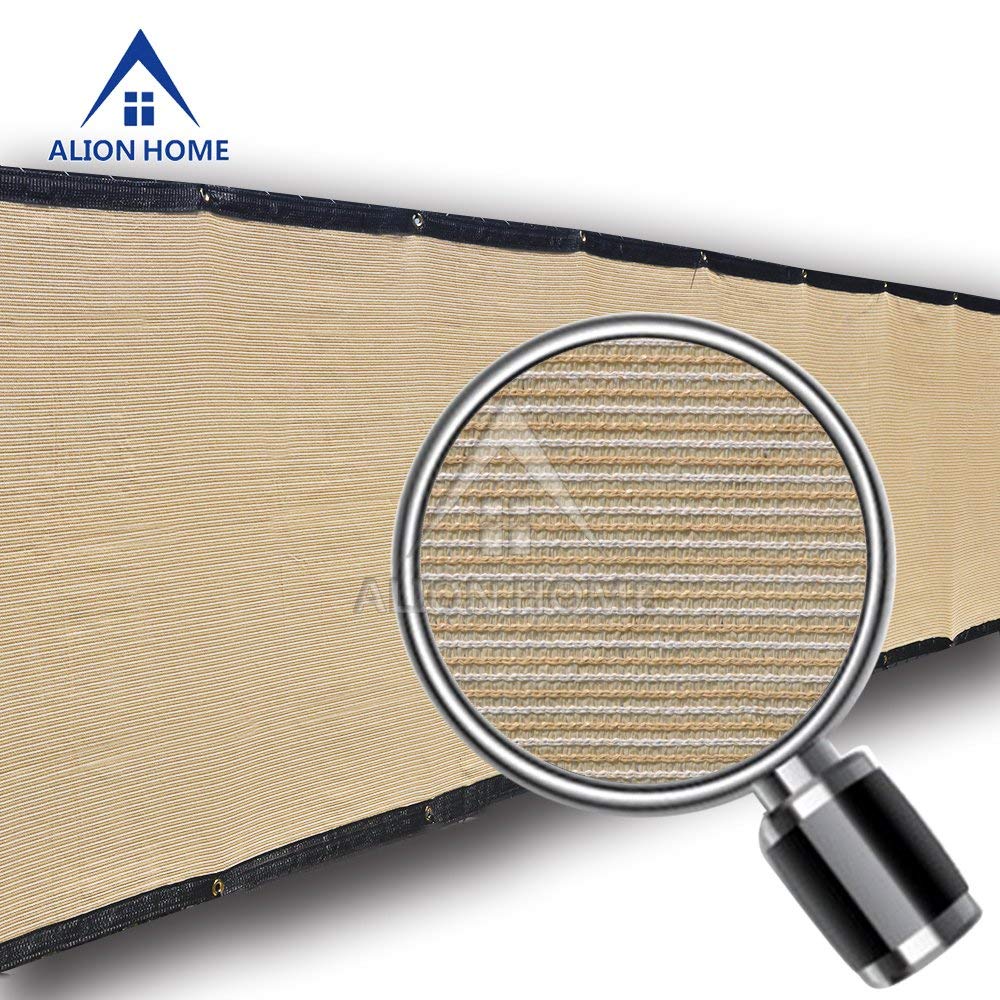 Beige HDPE fence privacy screen with reinforced black trim