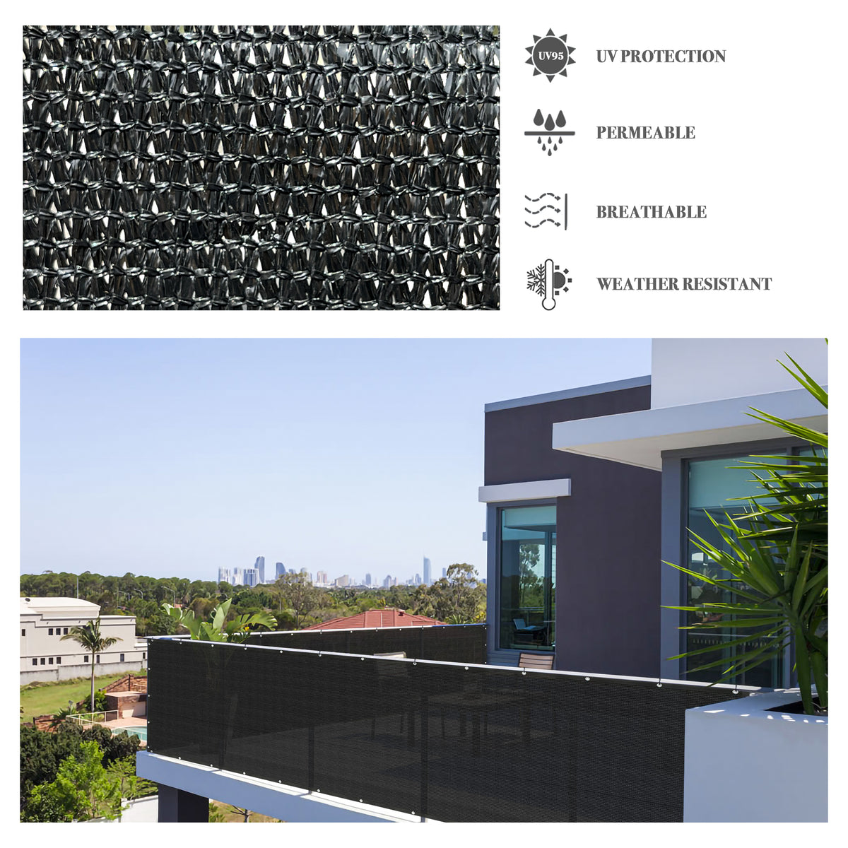 Black HDPE privacy screen fabric and black trim detail