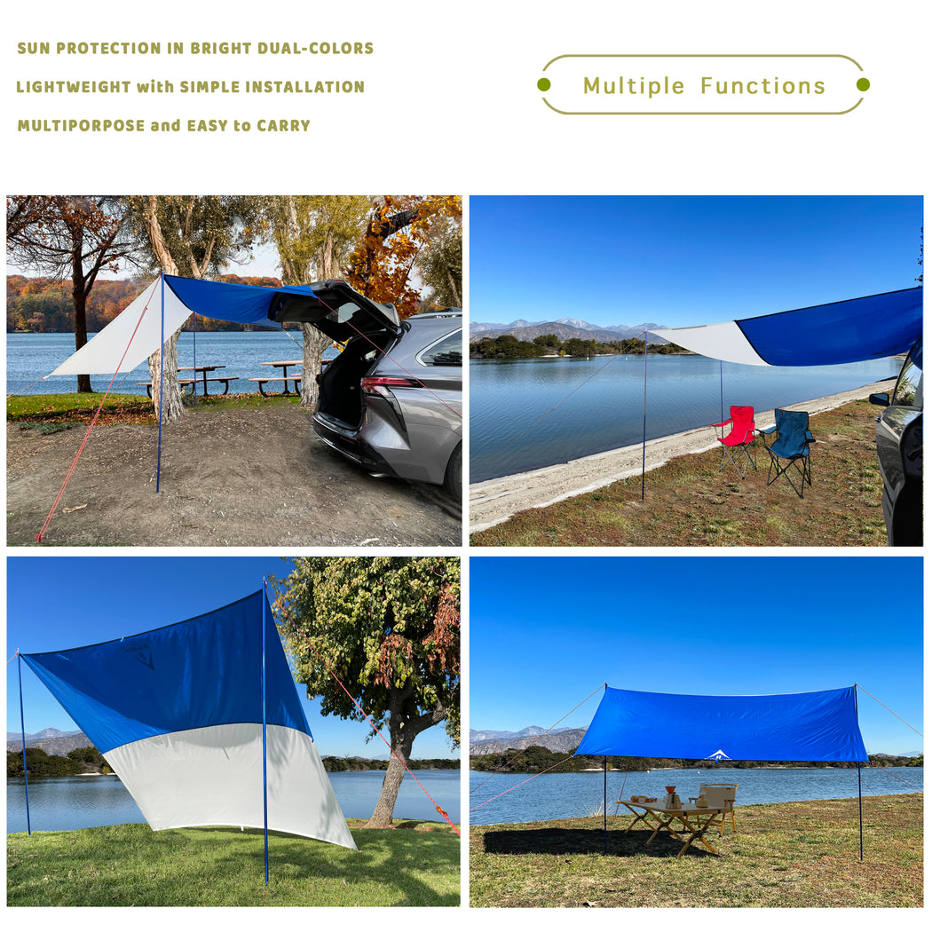 Multi-Function Vehicle Shelter - Outdoor & Beach Shade Canopy - Camping Traveling Tarp Including 2 Adjustable Poles, 6 Stakes and Ropes