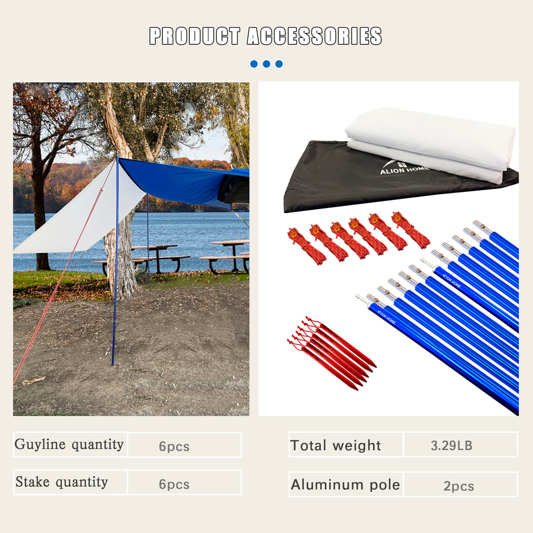 Multi-Function Vehicle Shelter - Outdoor & Beach Shade Canopy - Camping Traveling Tarp Including 2 Adjustable Poles, 6 Stakes and Ropes