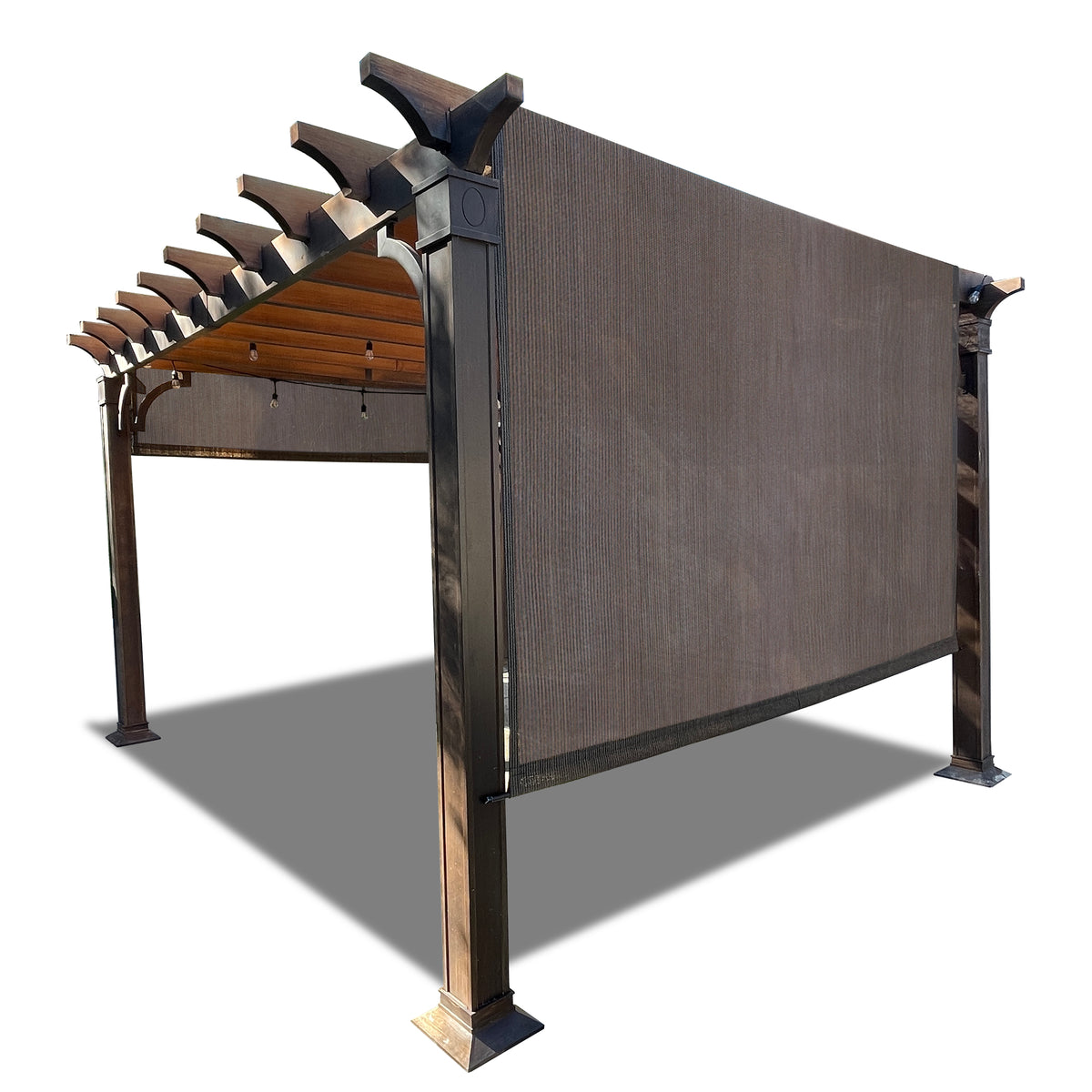 Mocha Brown HDPE pergola canopy with weighted rod system