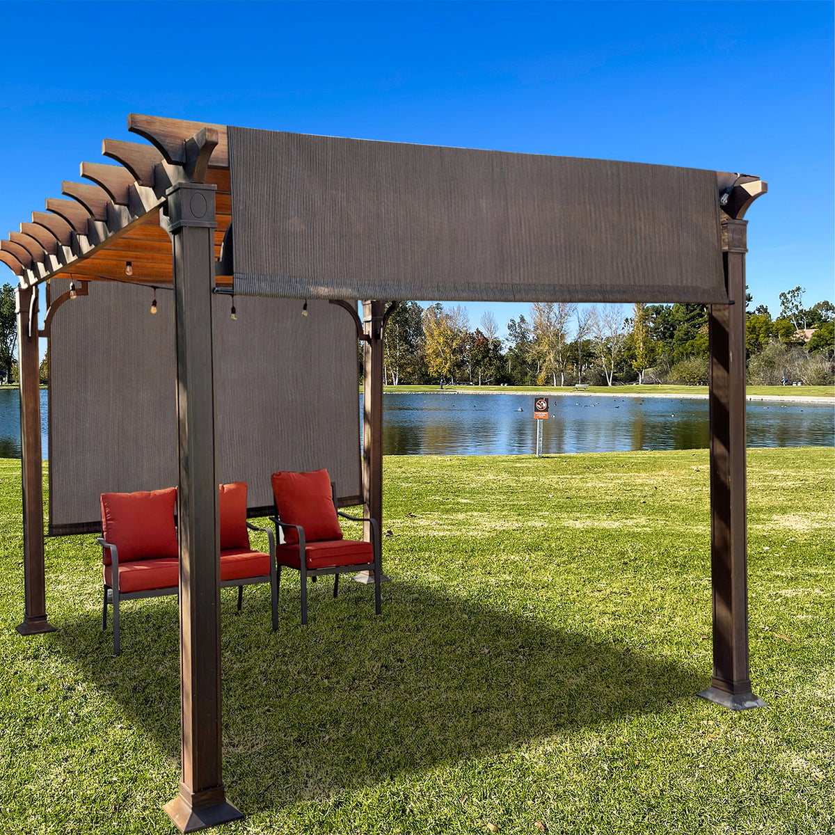 Mocha Brown breathable HDPE pergola cover with weighted rods, product view 2