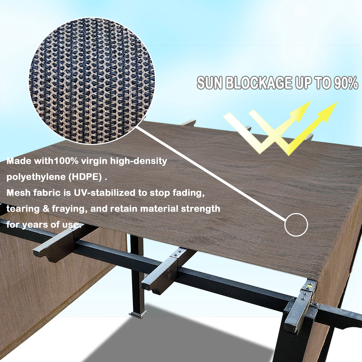 Mocha Brown breathable HDPE pergola cover with weighted rods, product view 5