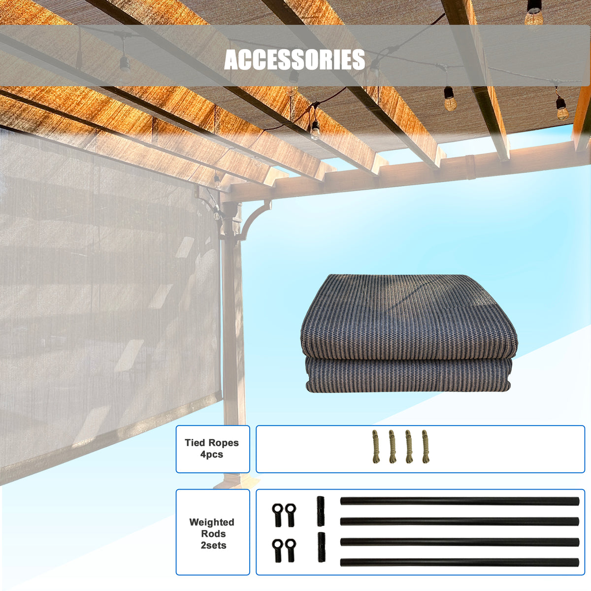 Mocha Brown breathable HDPE pergola cover with weighted rods, product view 6