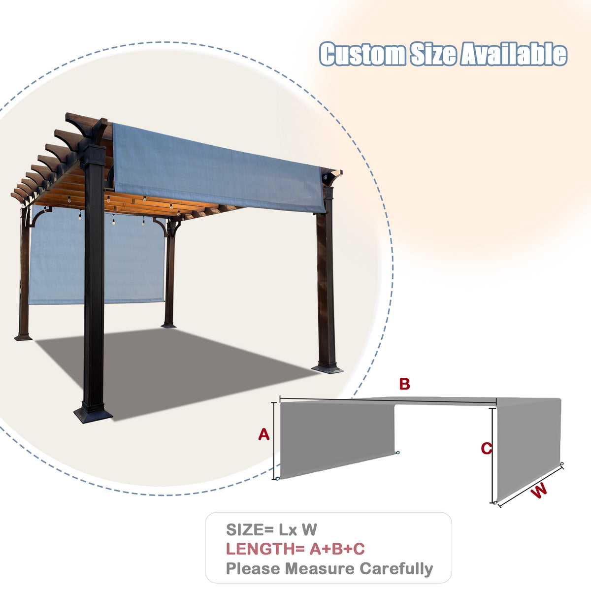 Grey HDPE pergola canopy with weighted rod system
