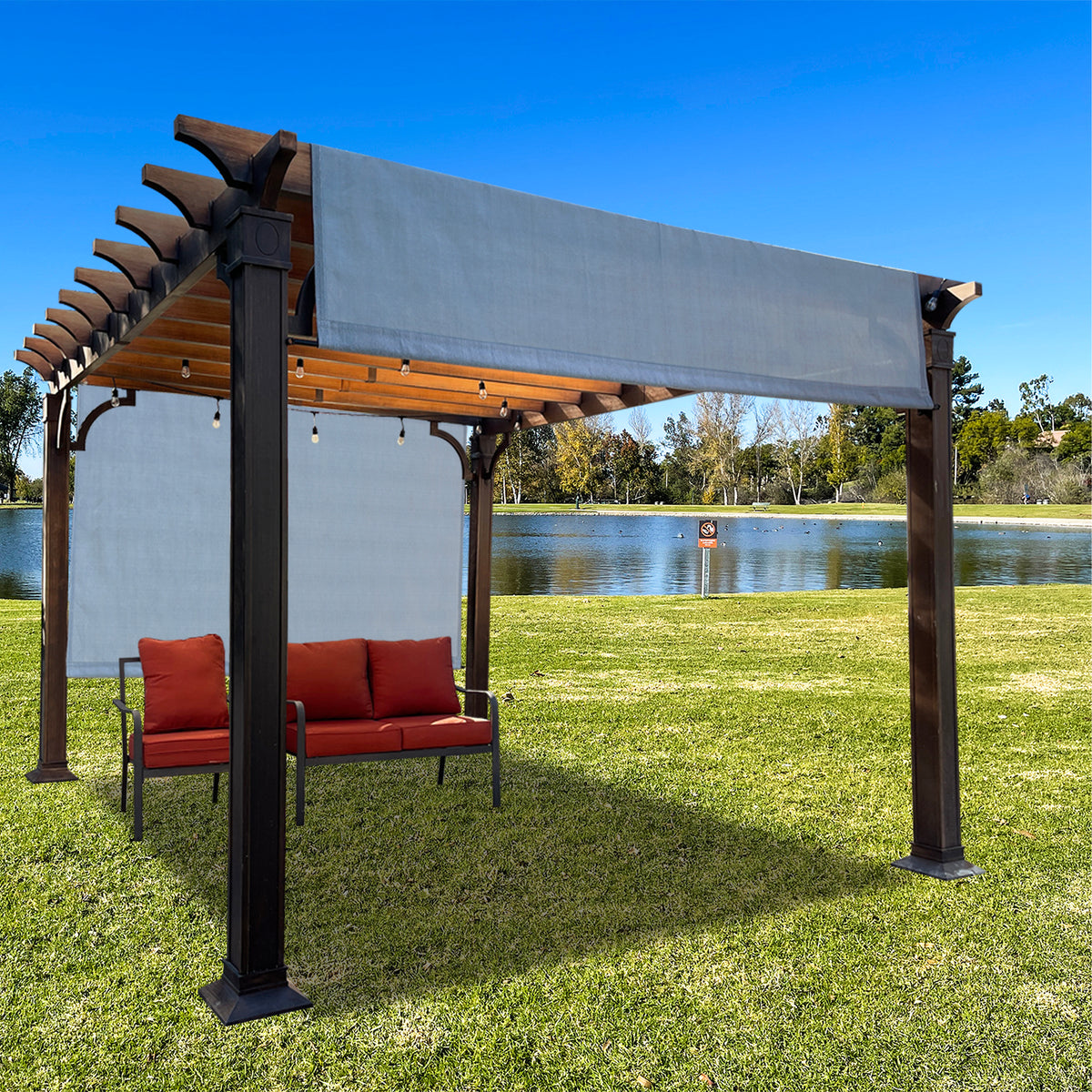 Grey pergola shade cover fabric and weighted rod detail