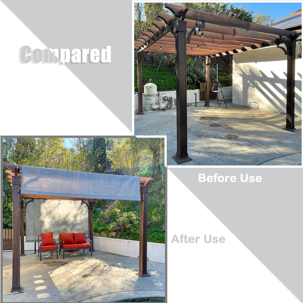 Grey breathable HDPE pergola cover with weighted rods, product view 3