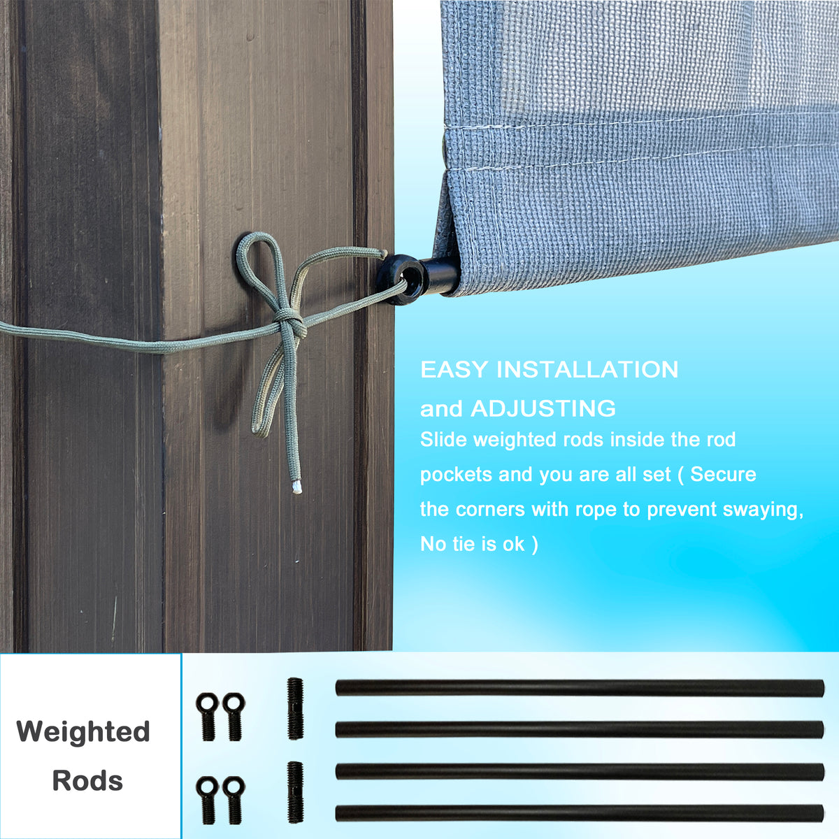 Grey breathable HDPE pergola cover with weighted rods, product view 4