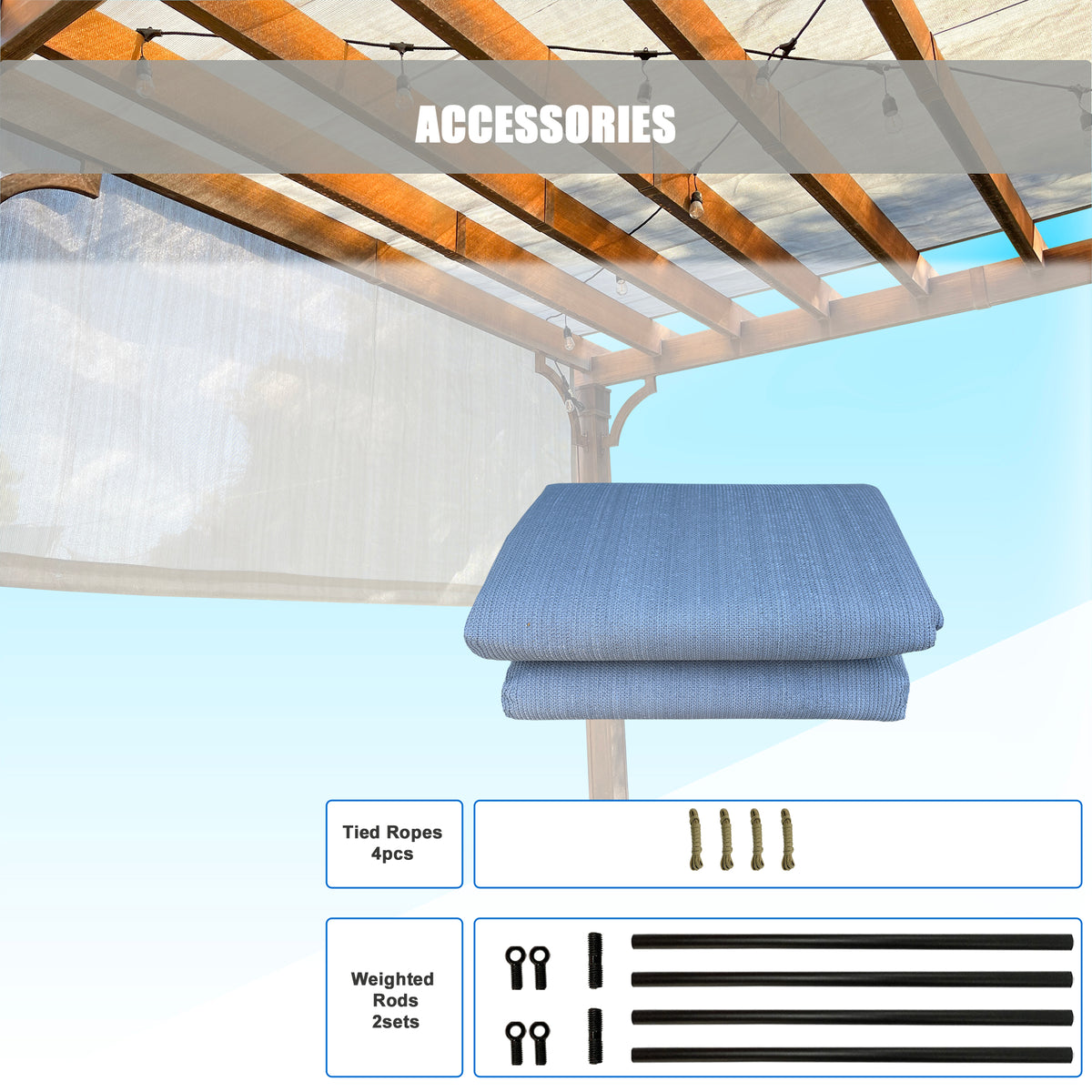 Grey breathable HDPE pergola cover with weighted rods, product view 6