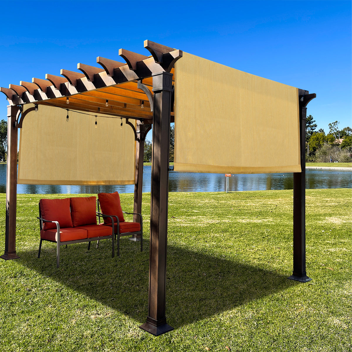 Sand breathable HDPE pergola cover with weighted rods, product view 2