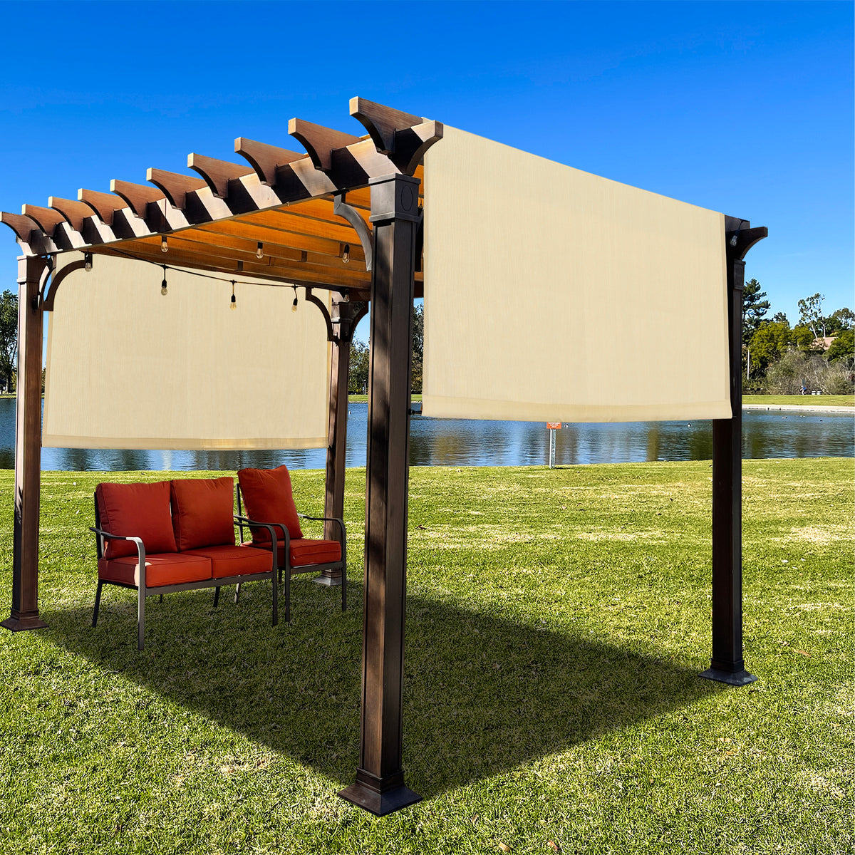 Banha Beige pergola shade cover fabric and weighted rod detail