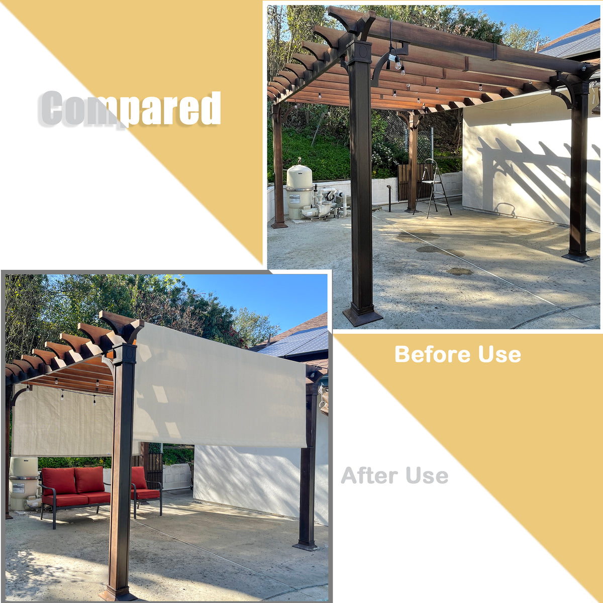 Smoke Tan breathable HDPE pergola cover with weighted rods, product view 3