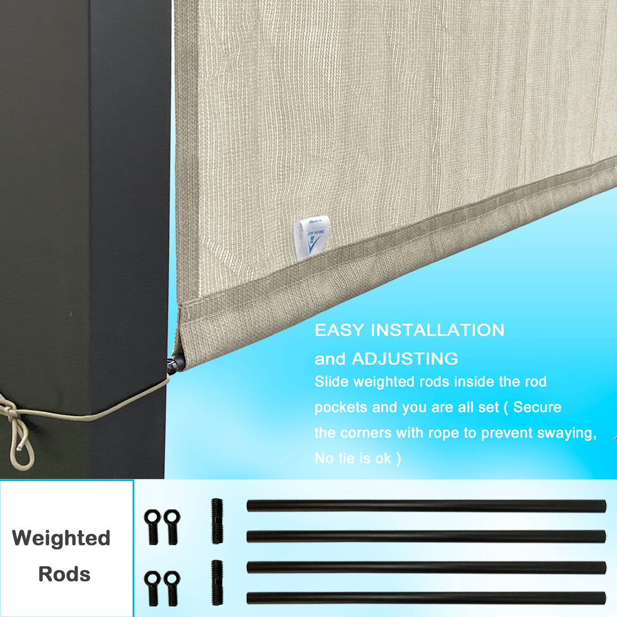 Smoke Tan breathable HDPE pergola cover with weighted rods, product view 4