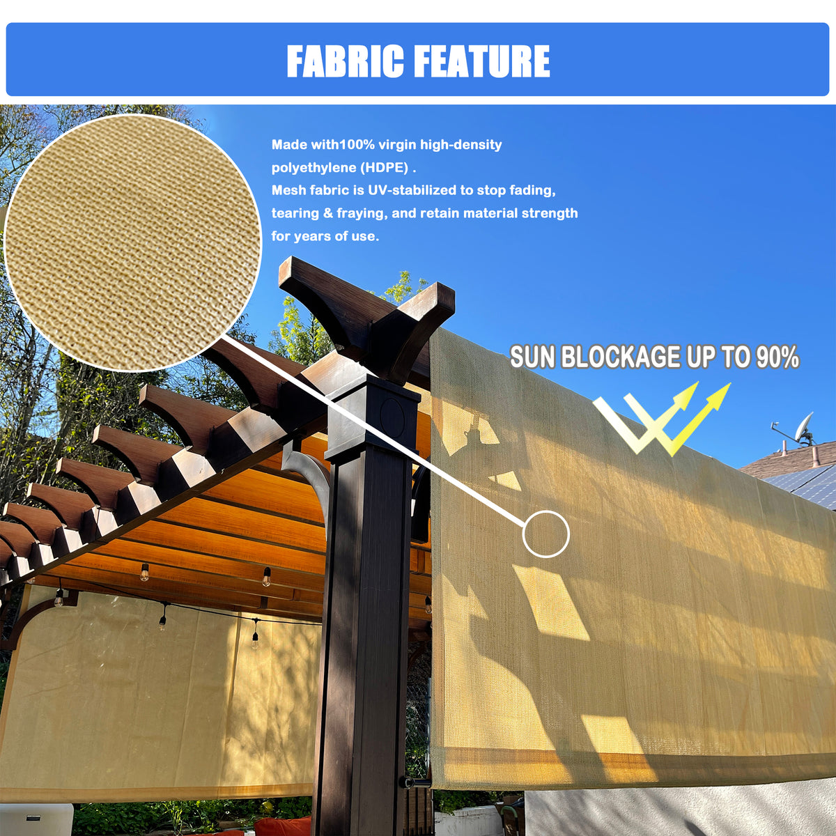Sand breathable HDPE pergola cover with weighted rods, product view 5