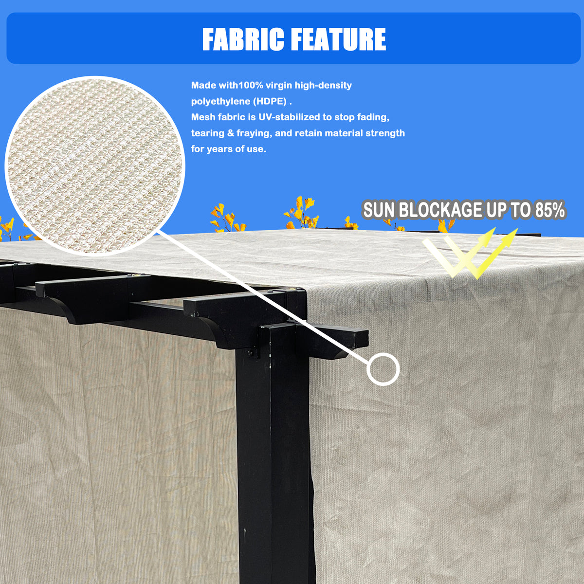 Smoke Tan breathable HDPE pergola cover with weighted rods, product view 5