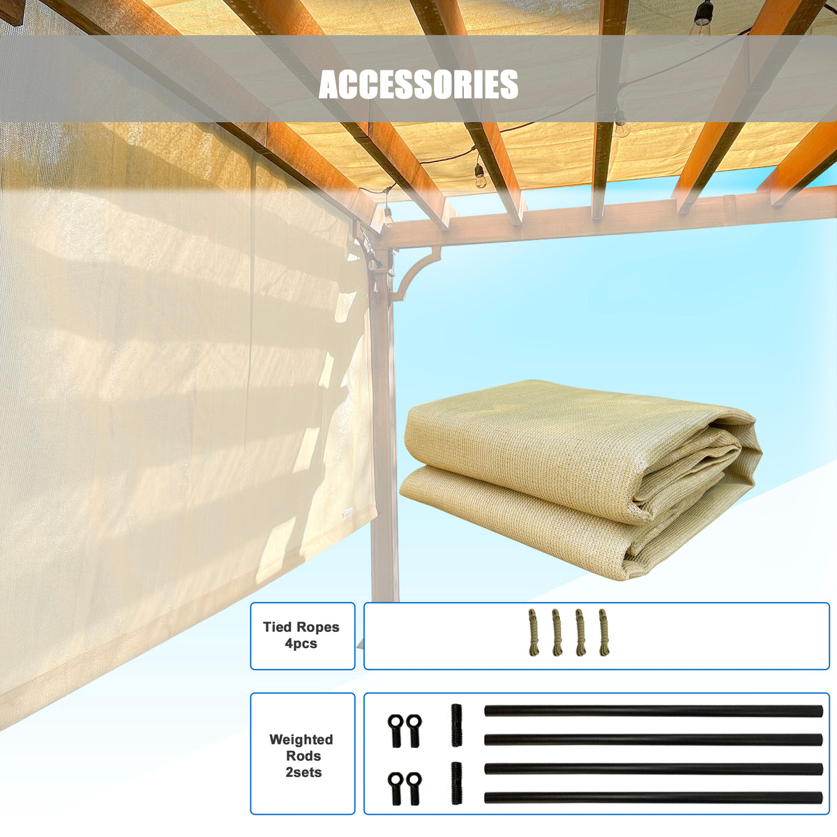 Sand breathable HDPE pergola cover with weighted rods, product view 6