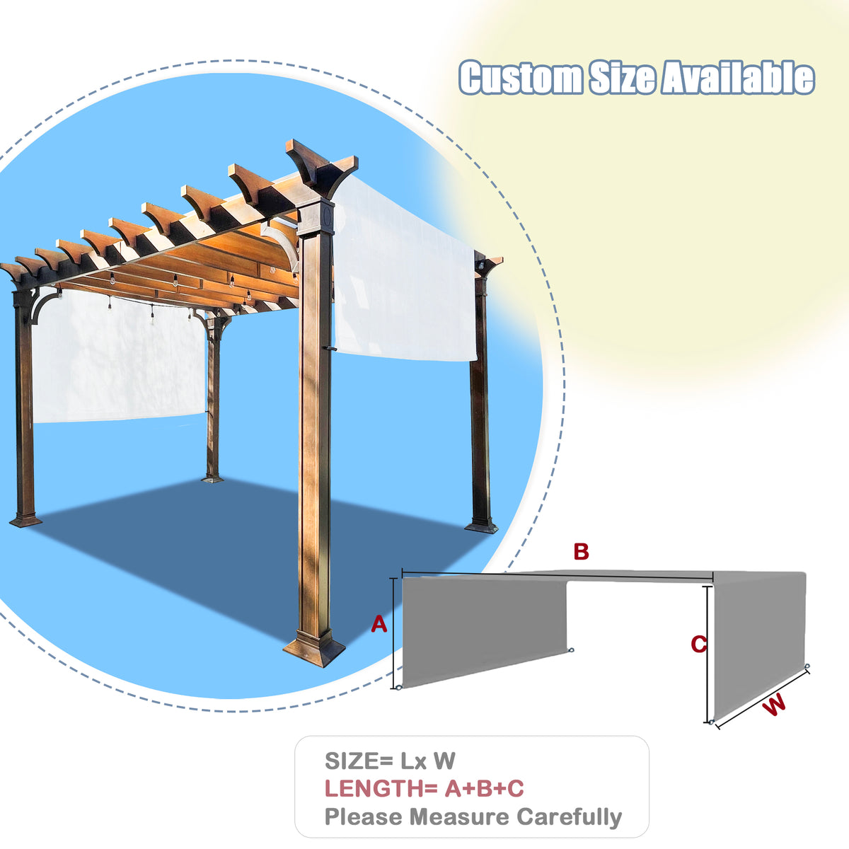 White pergola shade cover fabric and weighted rod detail