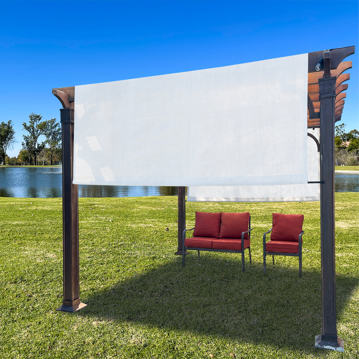 White breathable HDPE pergola cover with weighted rods, product view 2