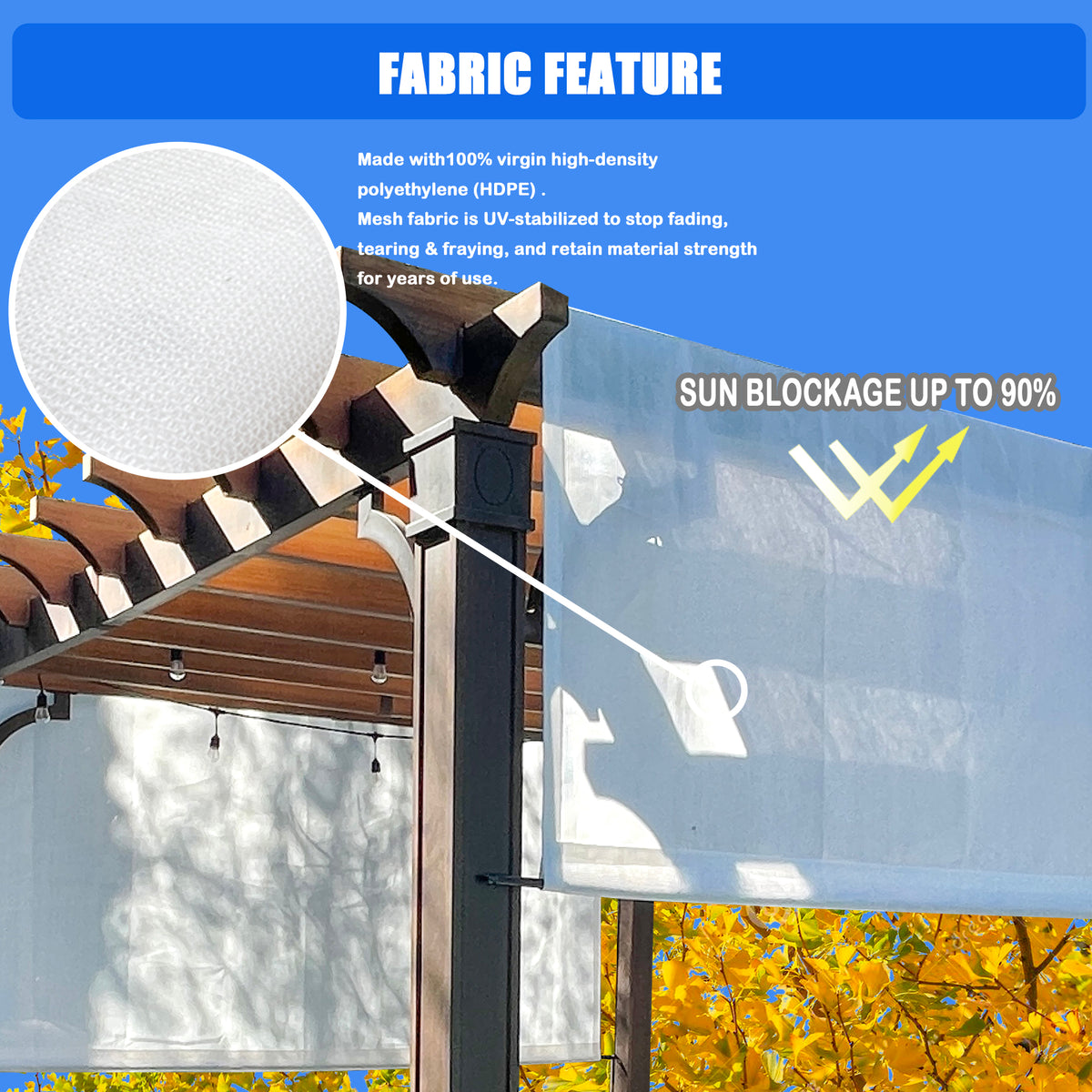 White breathable HDPE pergola cover with weighted rods, product view 5