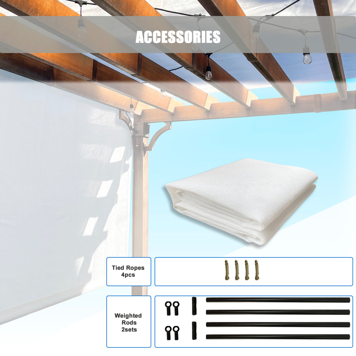 White breathable HDPE pergola cover with weighted rods, product view 6