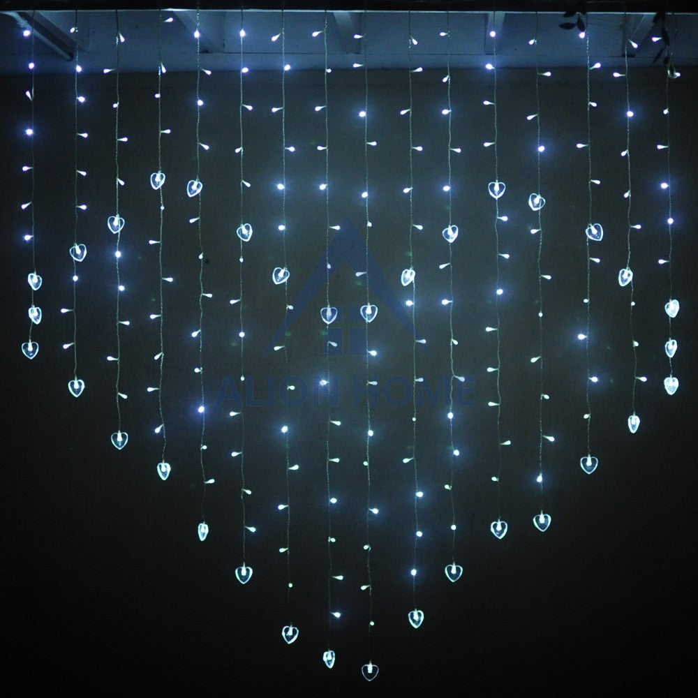 Cool White 216 LED Heart Shaped Curtain Lights With 7 Lighting Functions 5.6ft H x 5.2ft L