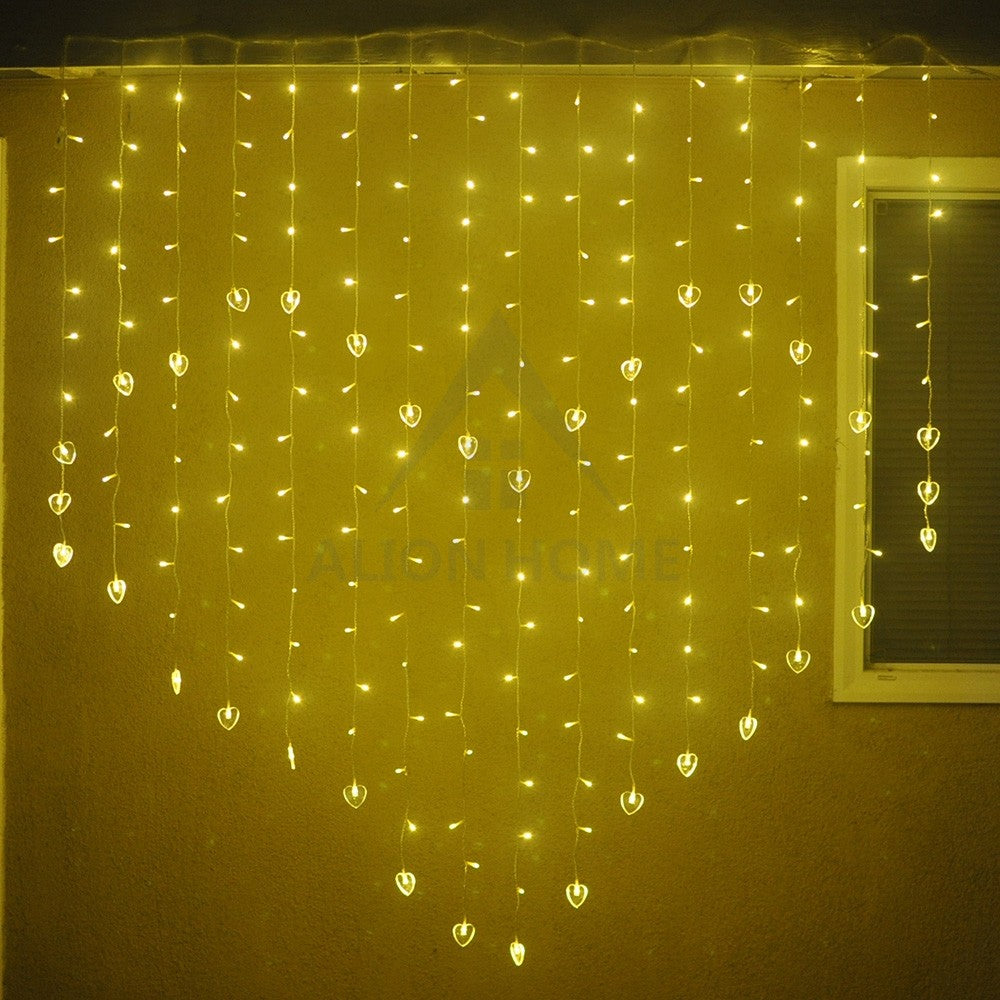 Warm White 216 LED Heart Shaped Curtain Lights With 7 Lighting Functions 5.6ft H x 5.2ft L